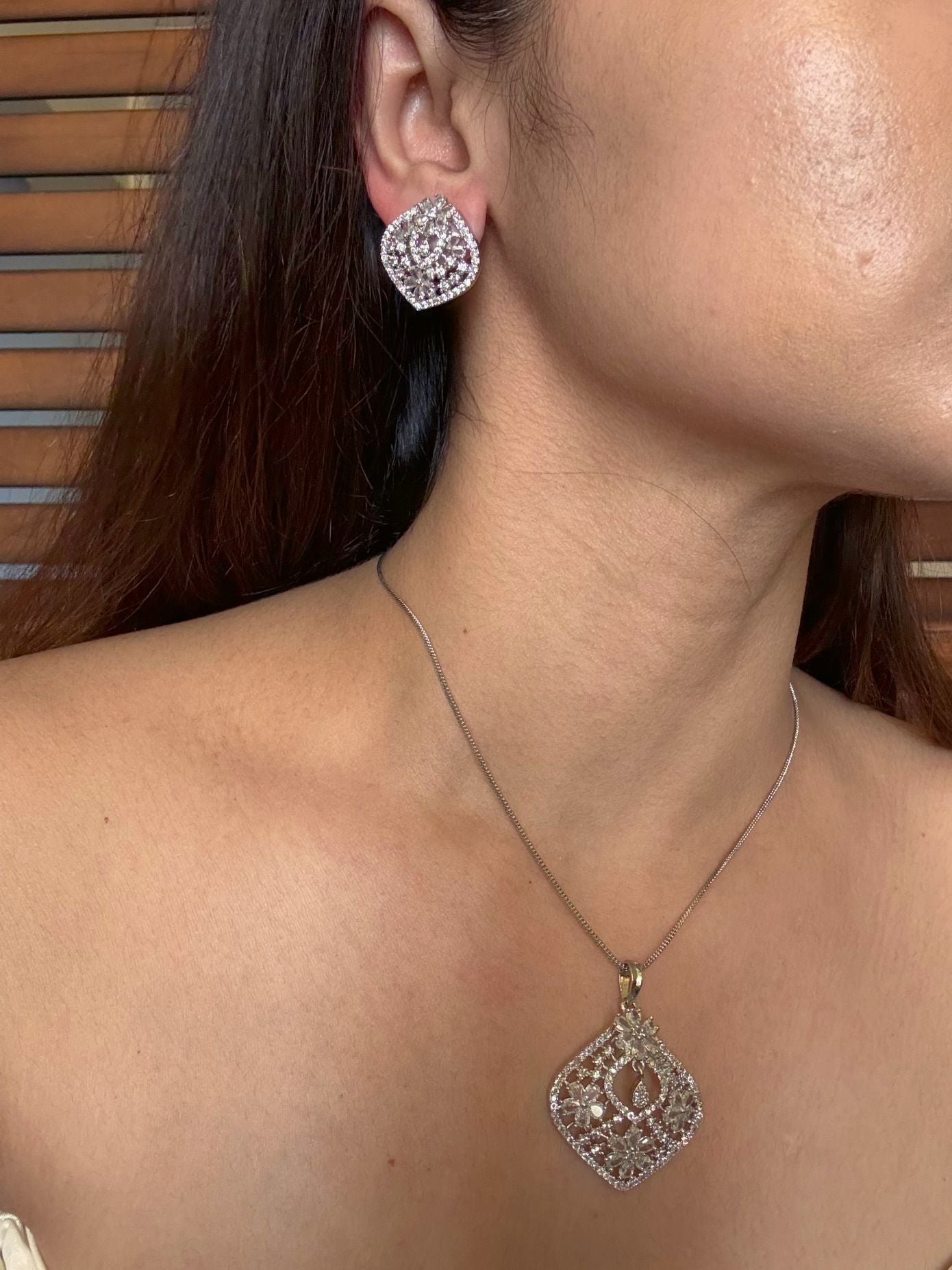 Shop Suhasi Nano Setting AD Pendant Set With Chain Online in India. Pendant sets in different stones like Kundan, Moissanite, CZ stones and AD stones. -second