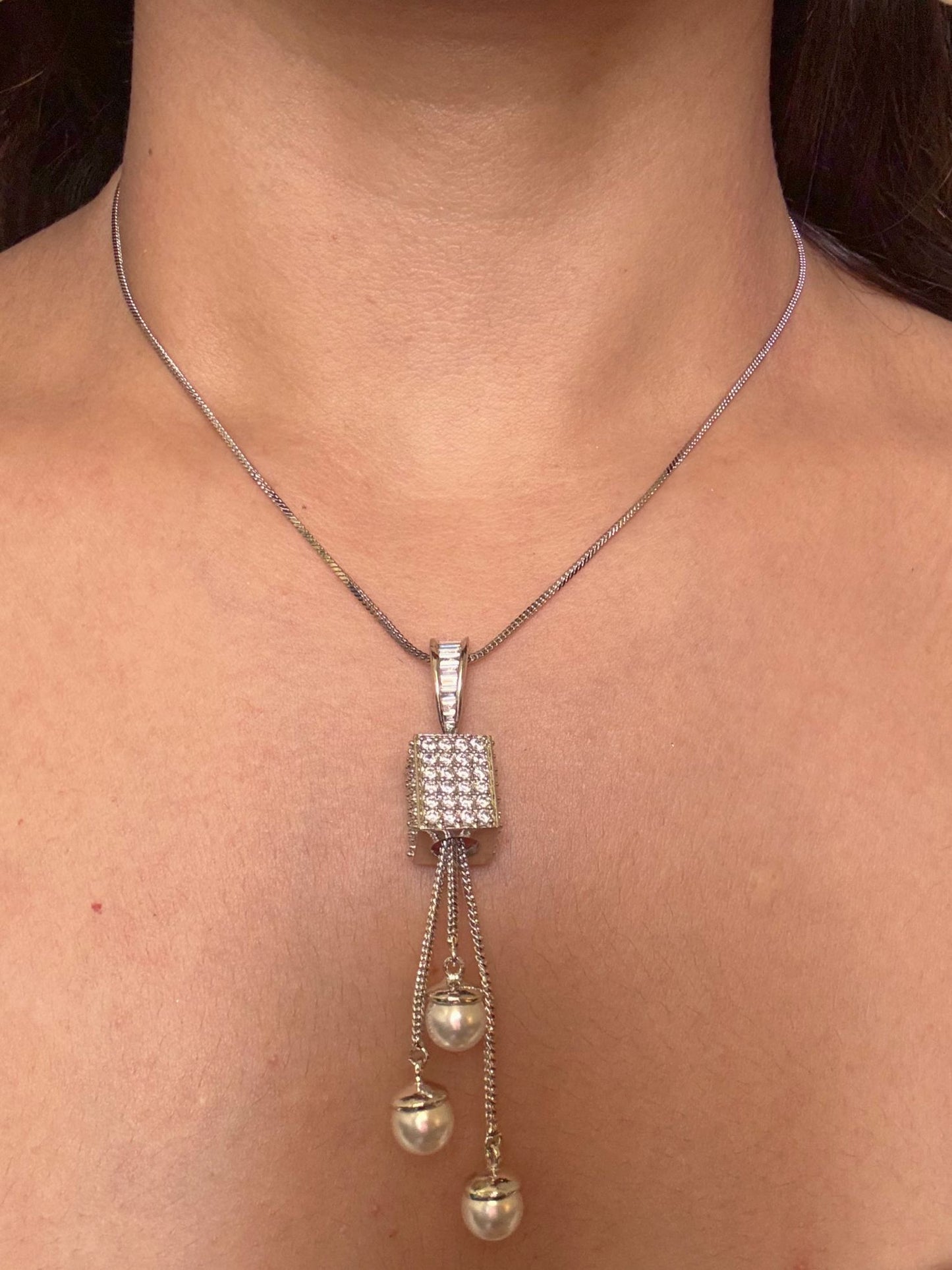Shop Kashwini Nano Setting AD Pendant Set With Pearl Hangings Online in India. Pendant sets in different stones like Kundan, Moissanite, CZ stones and AD stones. -front