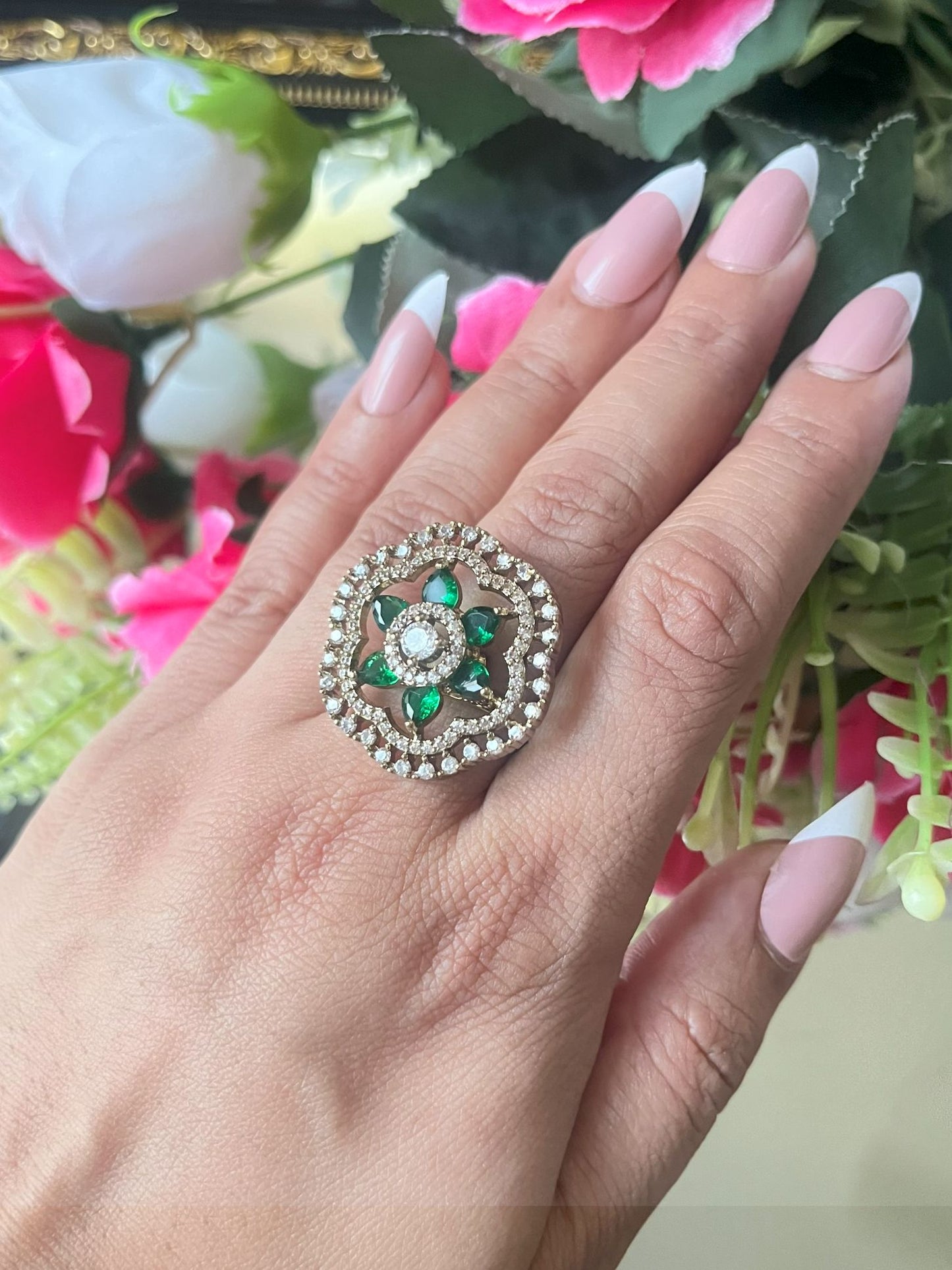 Shop RG25A012 Sitara Antique Polish Ring In Green Stone & AD online in India. Shop from an exclusive range of zircon, CZ, AD, Kundan rings, solitaire ring, cocktail rings.