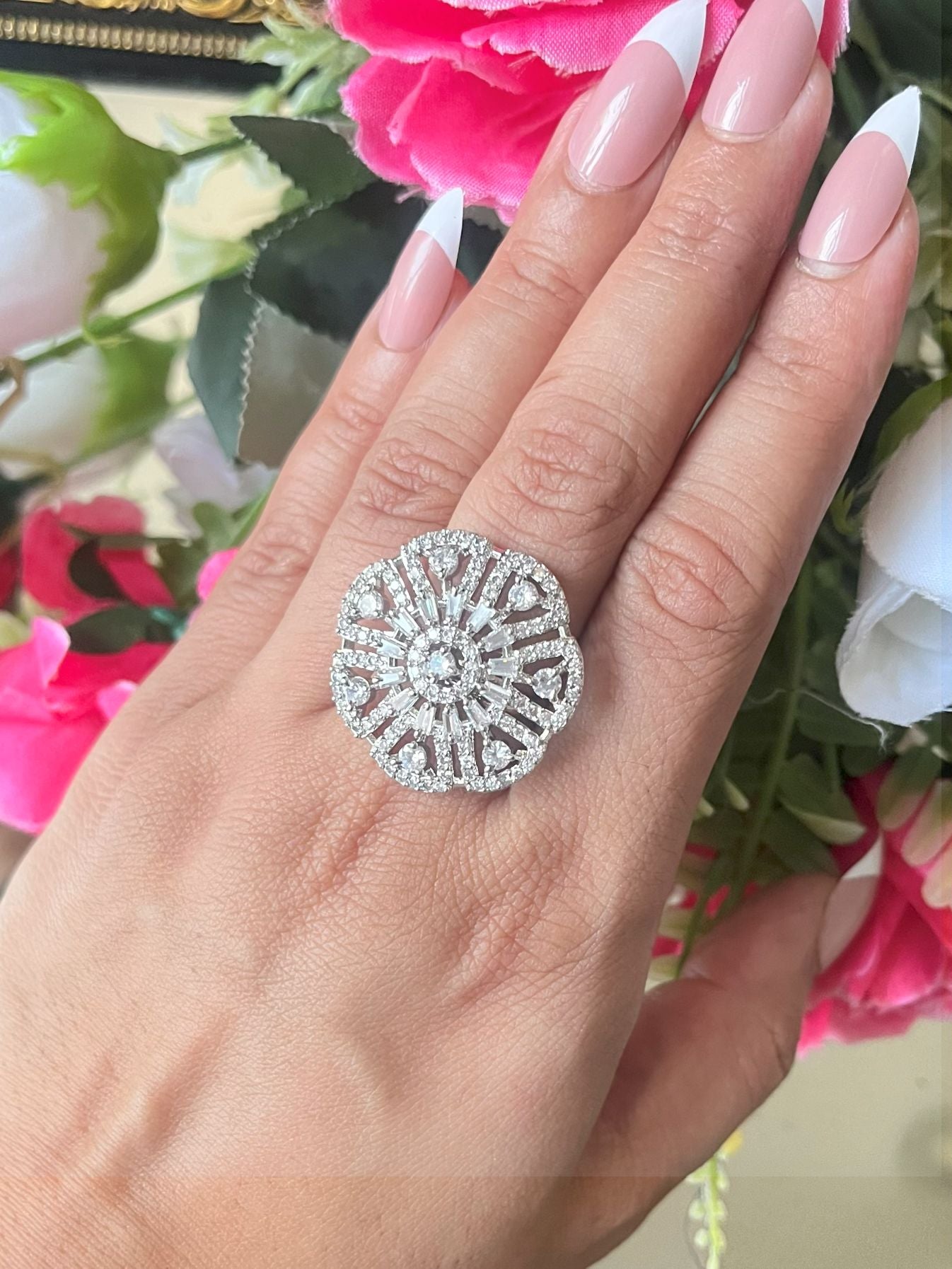 Shop Riva Rhodium Plated Cocktail AD Ring online in India. Shop from an exclusive range of zircon, CZ, AD, Kundan rings, solitaire ring, cocktail rings.