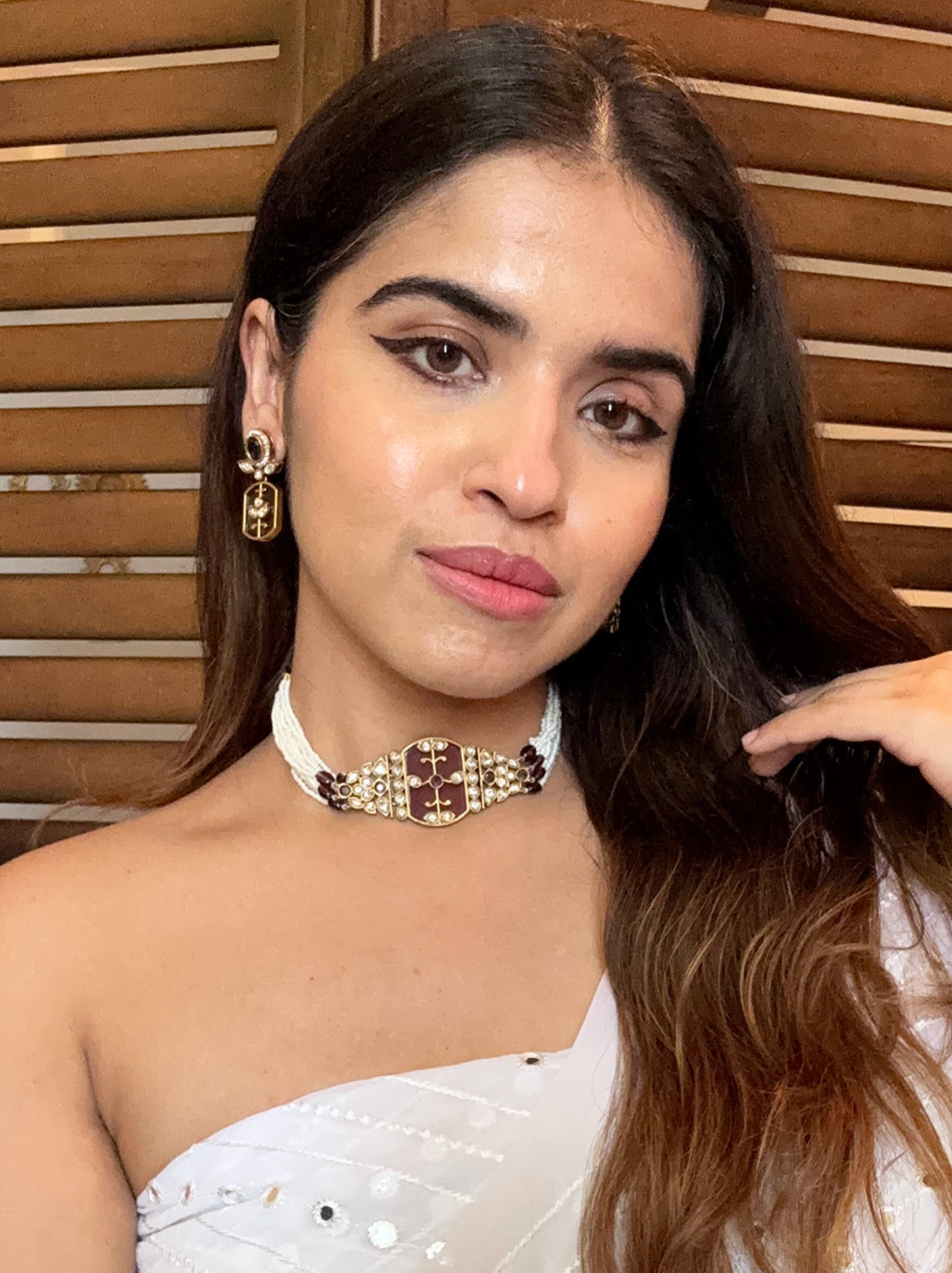 Shop amethyst color kundan AD pearl choker set online in India. Shop an exclusive range of zircon jewellery, Indian wedding jewelry, kundan jewellery, AD earrings, AD necklace.-choker