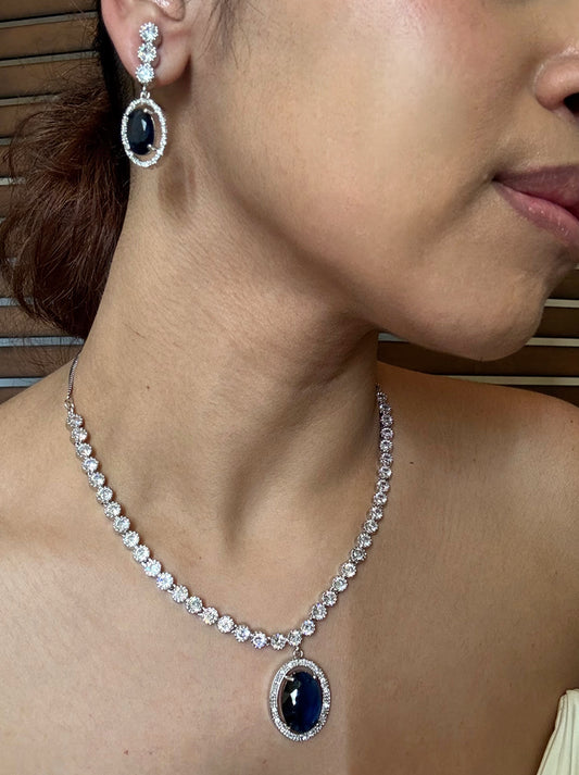 Shop blue pendant AD necklace online in India with earrings. Shop an exclusive range of zircon jewellery, Indian wedding jewelry, kundan jewellery, AD earrings, AD necklace.-full view