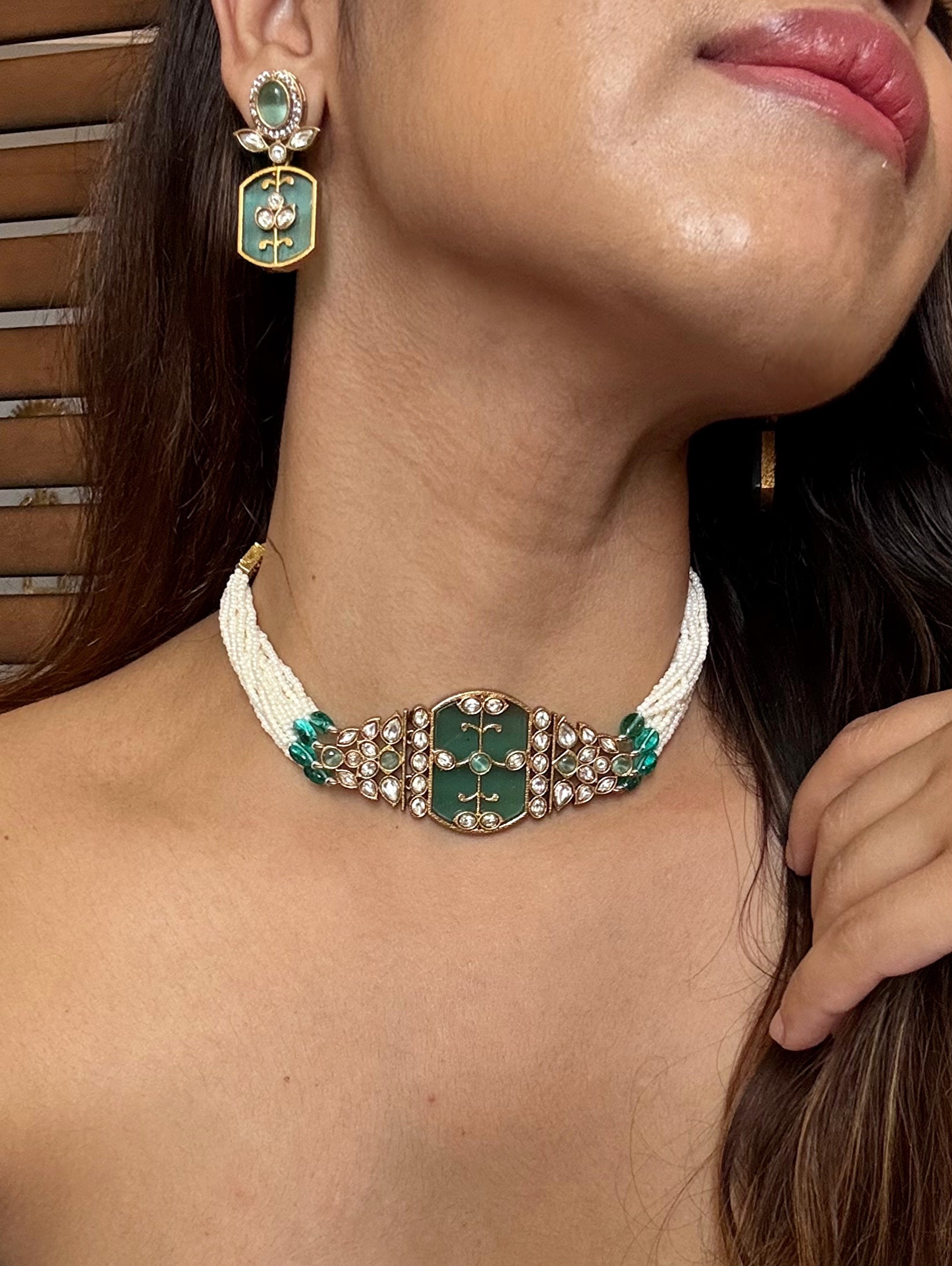 Buy sea green kundan AD pearl choker set online in India. Shop an exclusive range of zircon jewellery, Indian wedding jewelry, kundan jewellery, AD earrings, AD necklace.-full view
