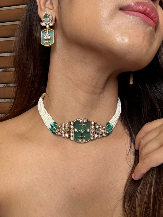 Buy sea green kundan AD pearl choker set online in India. Shop an exclusive range of zircon jewellery, Indian wedding jewelry, kundan jewellery, AD earrings, AD necklace.-full view