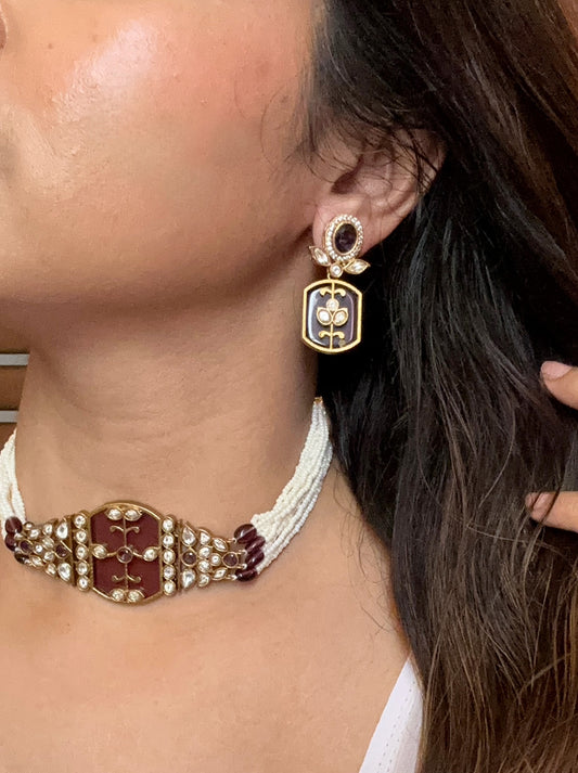 Shop amethyst color kundan AD pearl choker set online in India. Shop an exclusive range of zircon jewellery, Indian wedding jewelry, kundan jewellery, AD earrings, AD necklace.-full view