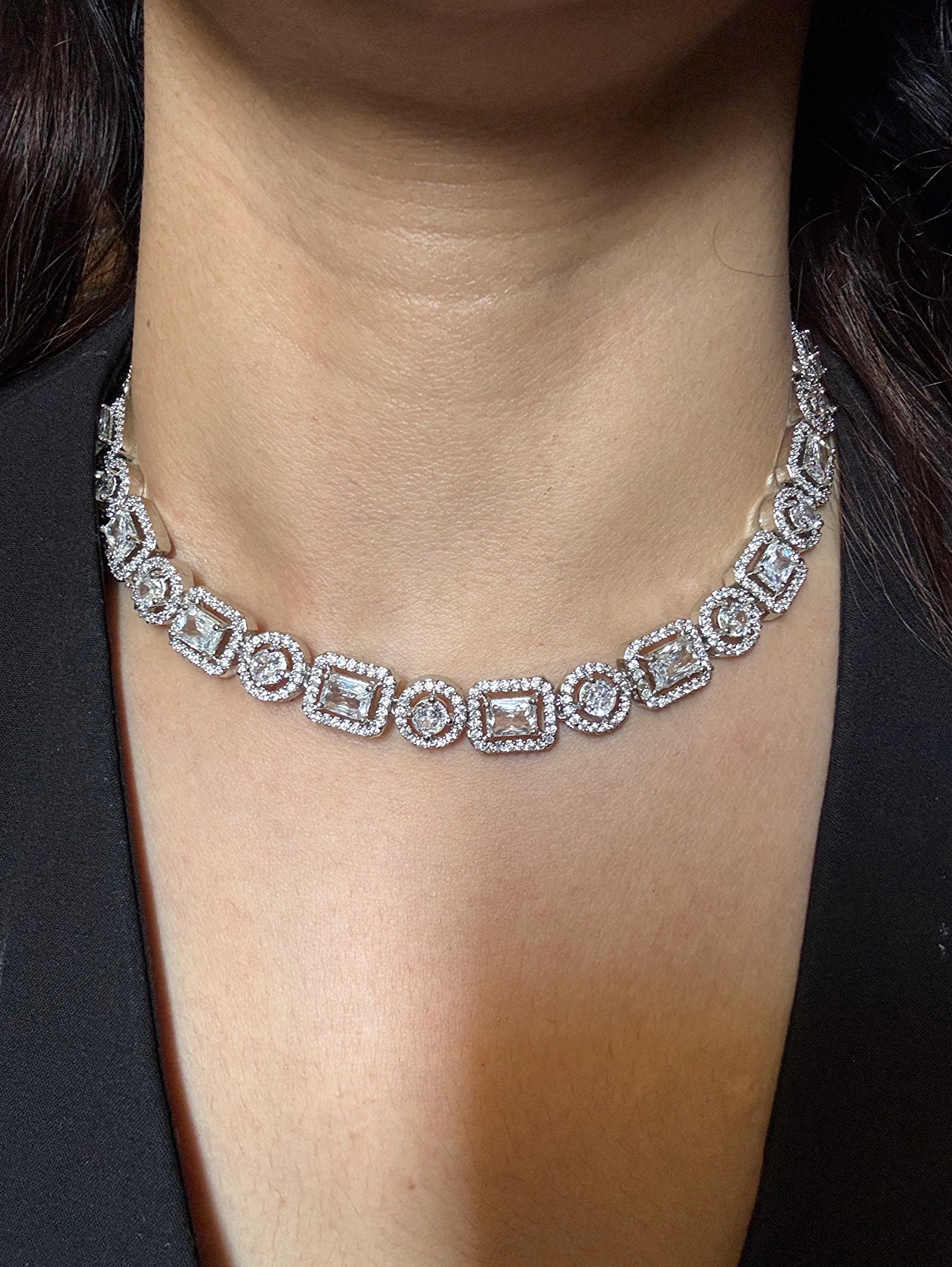 Shop AD solitaire string with earrings online in India. Shop an exclusive range of zircon jewellery, Indian wedding jewelry, kundan jewellery, AD earrings, AD necklace.-full view