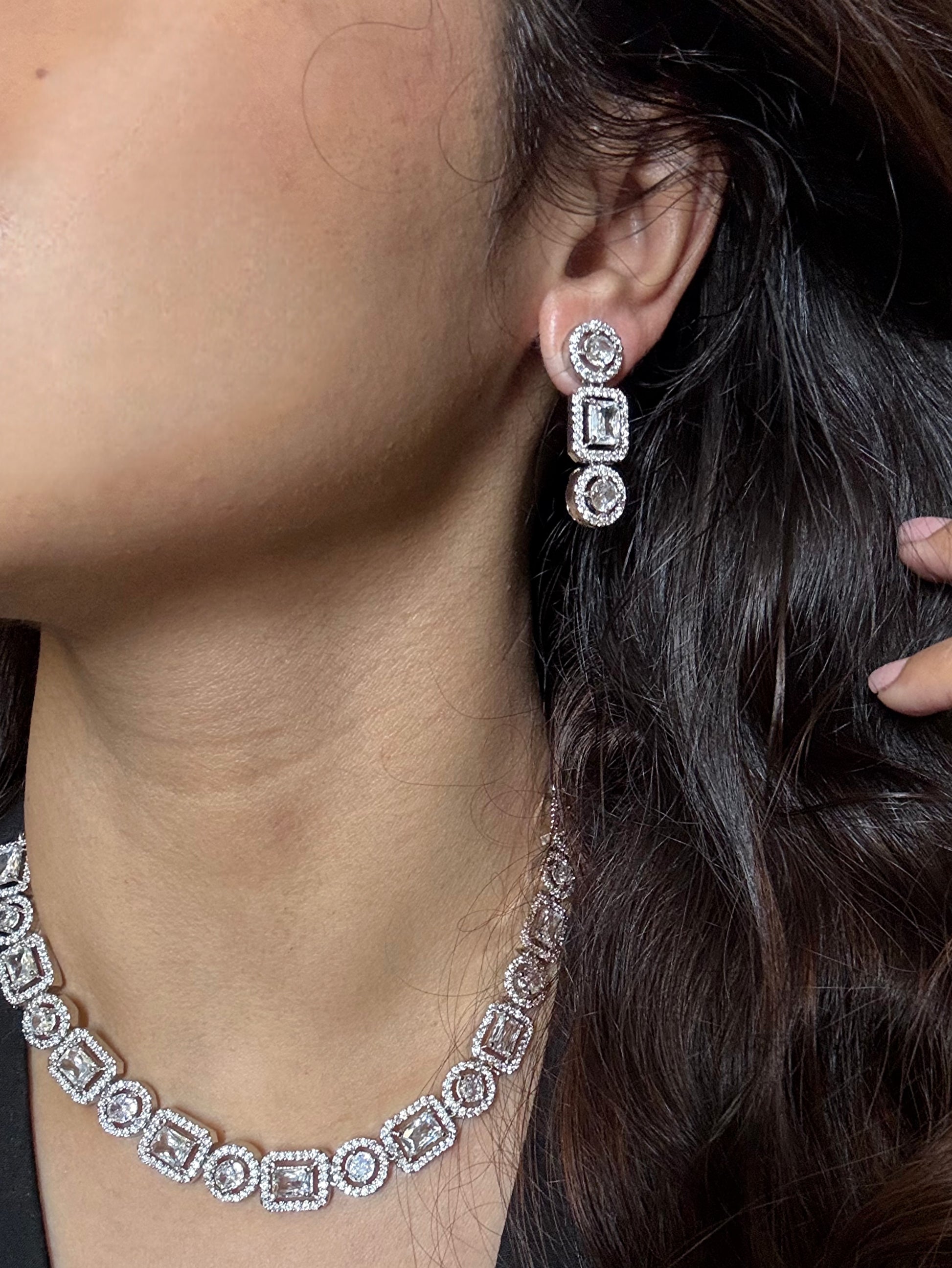 Shop AD solitaire string with earrings online in India. Shop an exclusive range of zircon jewellery, Indian wedding jewelry, kundan jewellery, AD earrings, AD necklace.-side