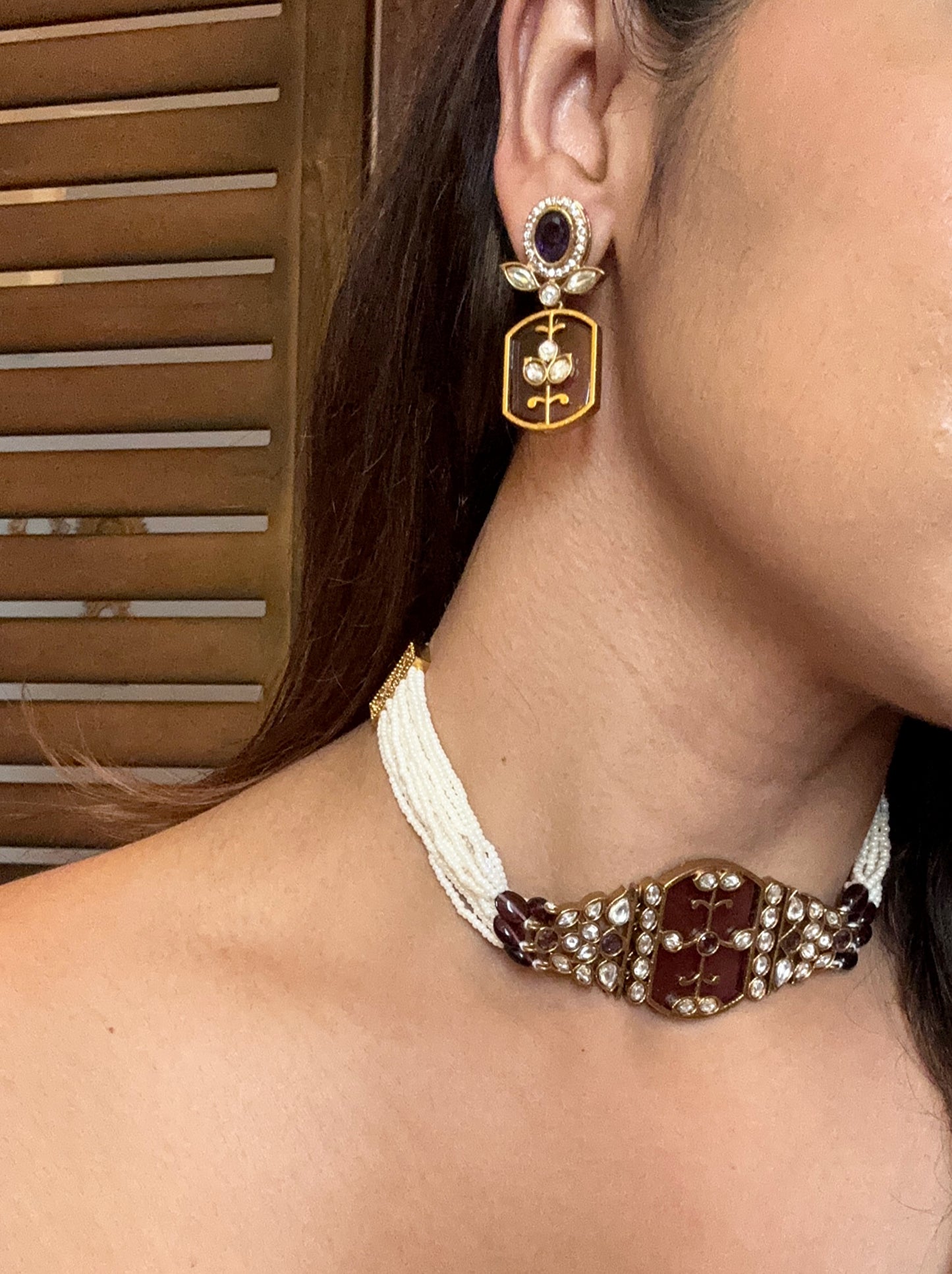 Shop amethyst color kundan AD pearl choker set online in India. Shop an exclusive range of zircon jewellery, Indian wedding jewelry, kundan jewellery, AD earrings, AD necklace.-side