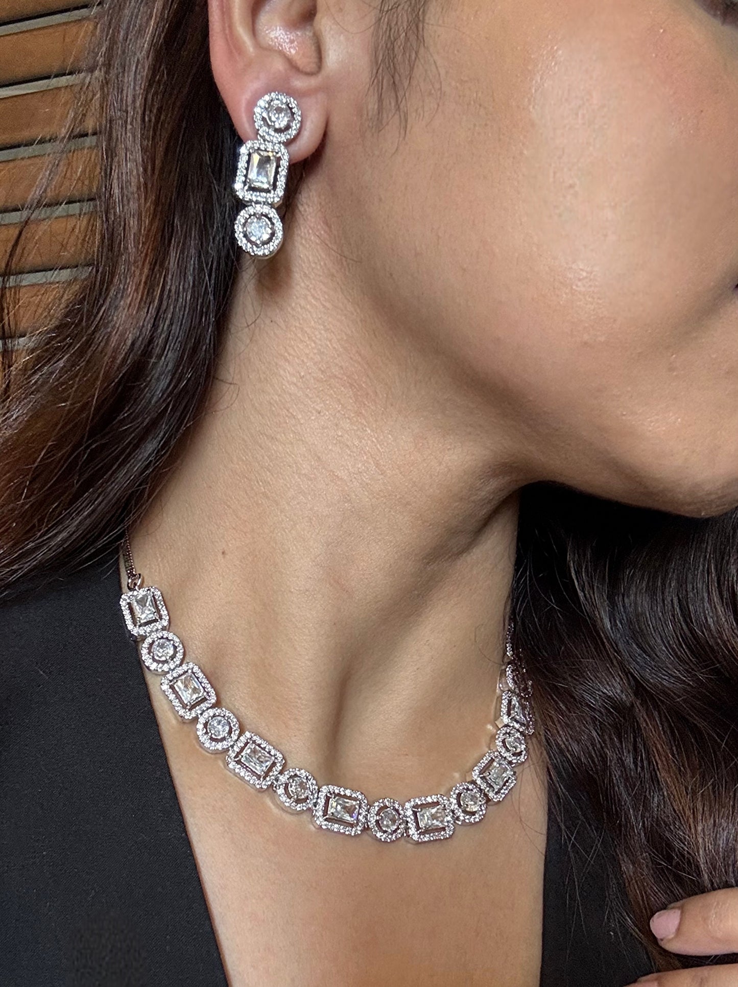 Shop AD solitaire string with earrings online in India. Shop an exclusive range of zircon jewellery, Indian wedding jewelry, kundan jewellery, AD earrings, AD necklace.-earrings