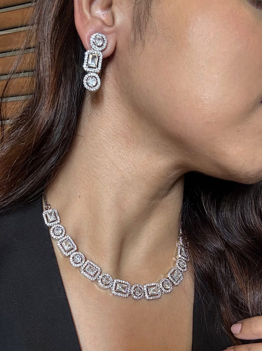 Shop AD solitaire string with earrings online in India. Shop an exclusive range of zircon jewellery, Indian wedding jewelry, kundan jewellery, AD earrings, AD necklace.-earrings