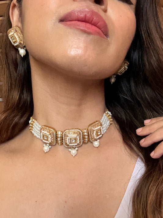 Shop white stone kundan AD pearl choker set online in India. Shop an exclusive range of zircon jewellery, Indian wedding jewelry, kundan jewellery, AD earrings, AD necklace.-full view