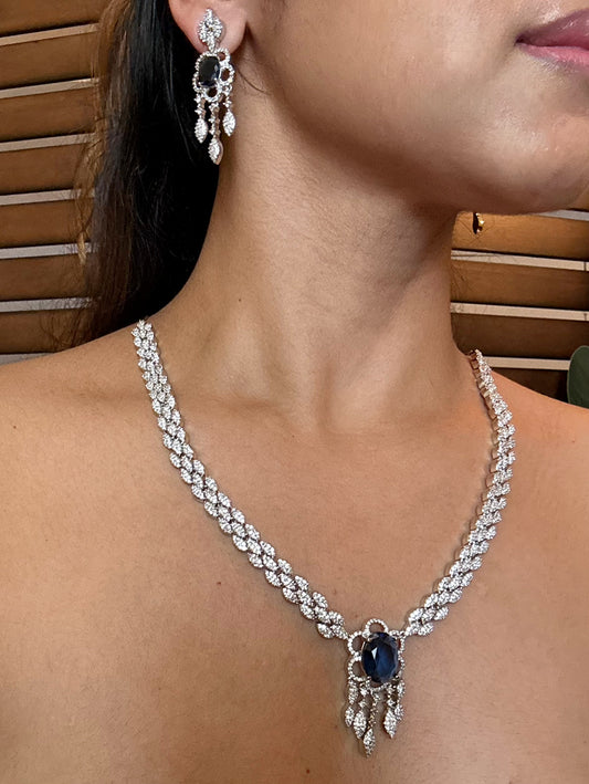 Buy AD chain design necklace set online in India. Shop an exclusive range of zircon jewellery, Indian wedding jewelry, kundan jewellery, AD earrings, AD necklace.-full view