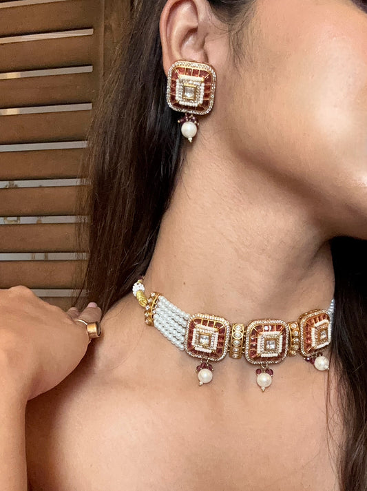 Shop red stone kundan AD pearl choker set online in India. Shop an exclusive range of zircon jewellery, Indian wedding jewelry, kundan jewellery, AD earrings, AD necklace.-closeup