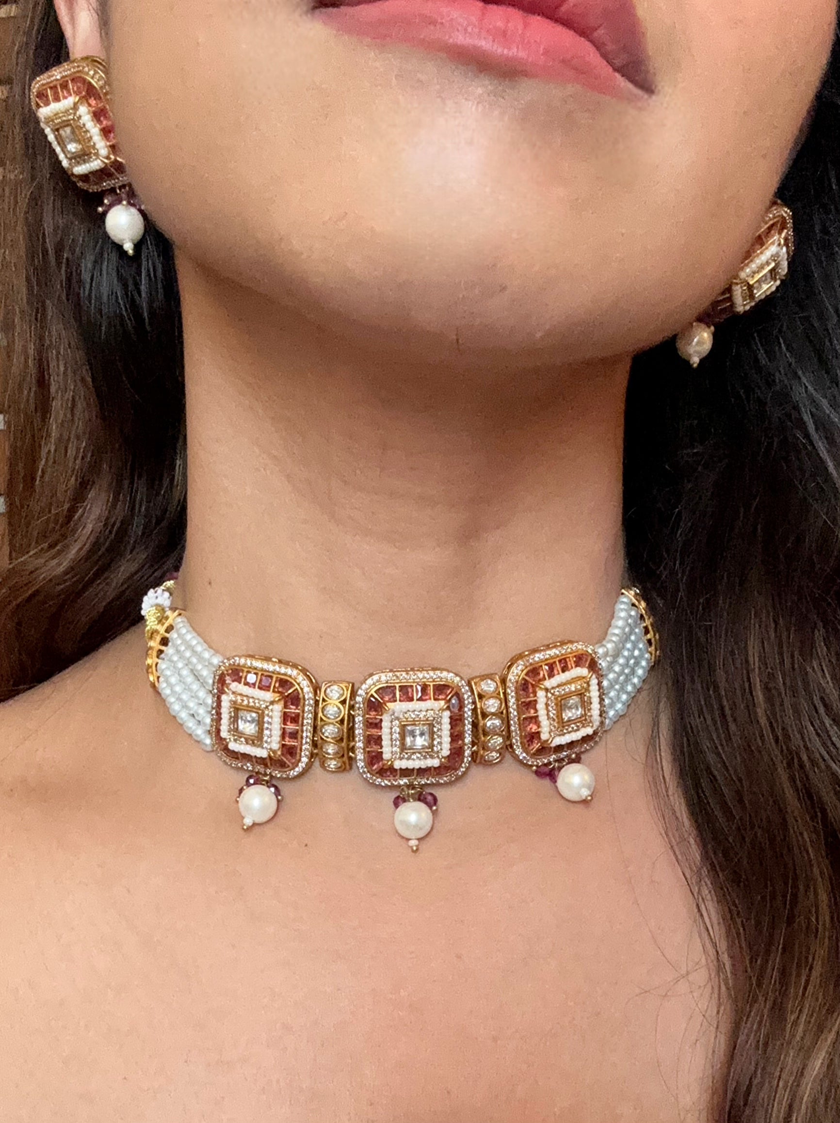 Shop red stone kundan AD pearl choker set online in India. Shop an exclusive range of zircon jewellery, Indian wedding jewelry, kundan jewellery, AD earrings, AD necklace.-choker