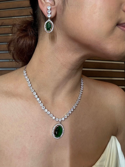 Buy green pendant AD necklace online in India with earrings. Shop an exclusive range of zircon jewellery, Indian wedding jewelry, kundan jewellery, AD earrings, AD necklace.-full view