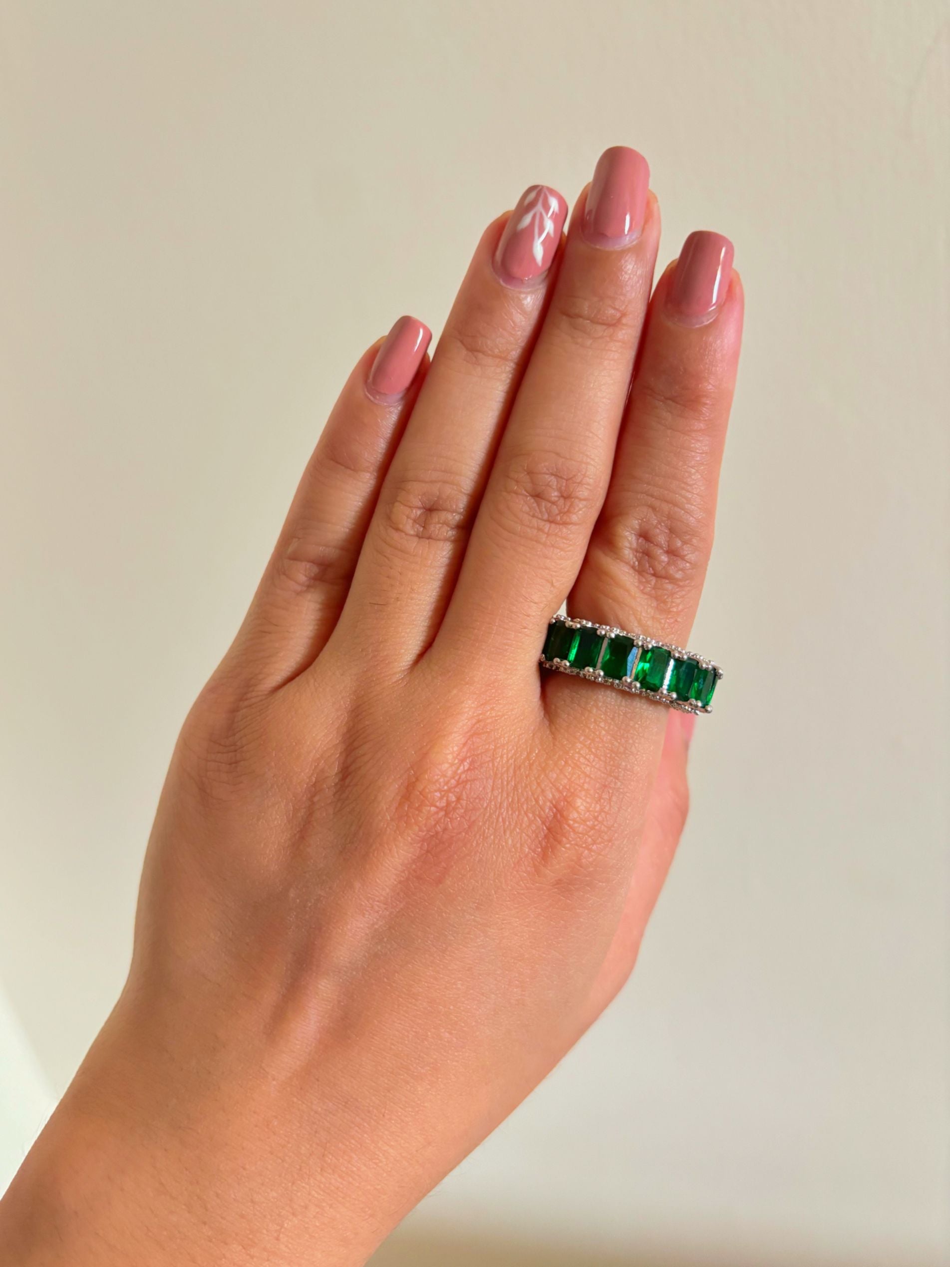 Shop Adjustable Green Baguette Stone Stack Ring online in India. Shop from an exclusive range of zircon jewellery, bridal wedding jewellery, silver plated earrings, rhodium plated rings, AD rings, AD earrings for office parties, cocktail dresses and sangeet night. -Front