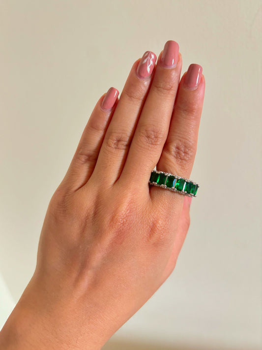 Shop Adjustable Green Baguette Stone Stack Ring online in India. Shop from an exclusive range of zircon jewellery, bridal wedding jewellery, silver plated earrings, rhodium plated rings, AD rings, AD earrings for office parties, cocktail dresses and sangeet night. -Front