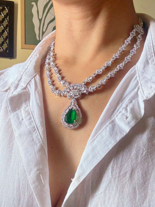 Shop Green Stone AD Necklace online in India. Perfect for brides and bridesmaid seeking elegant bridal AD jewellery online. Explore premium bridal jewellery sets in Zircon, AD, Kundan, Victorian Diamond. Collection ideal for Indian weddings, parties and special occasions. -Front