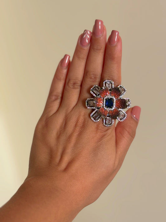 Shop Adjustable Nano Setting Floral Shape AD Cocktail Ring online in India. Shop from an exclusive range of zircon jewellery, bridal wedding jewellery, silver plated earrings, rhodium plated rings, AD rings, AD earrings for office parties, cocktail dresses and sangeet night. -front