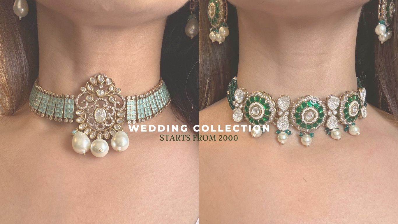 Shop heavy weddings necklace bridal and siders for weddings, cocktail, engagement and  reception in AD, Kundan & CZ online in India. 