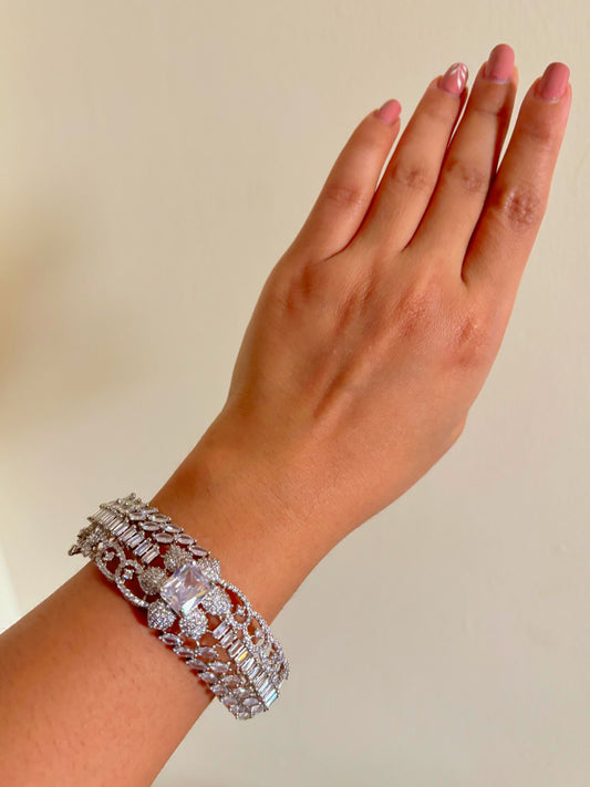 Shop Glam Game Rhodium Plated AD Bracelet In White online in India. Shop from an exclusive range of zircon jewellery, bridal wedding jewellery, silver plated earrings, rhodium plated rings, AD rings, AD earrings for weddings, engagement, cocktail night & parties.-first
