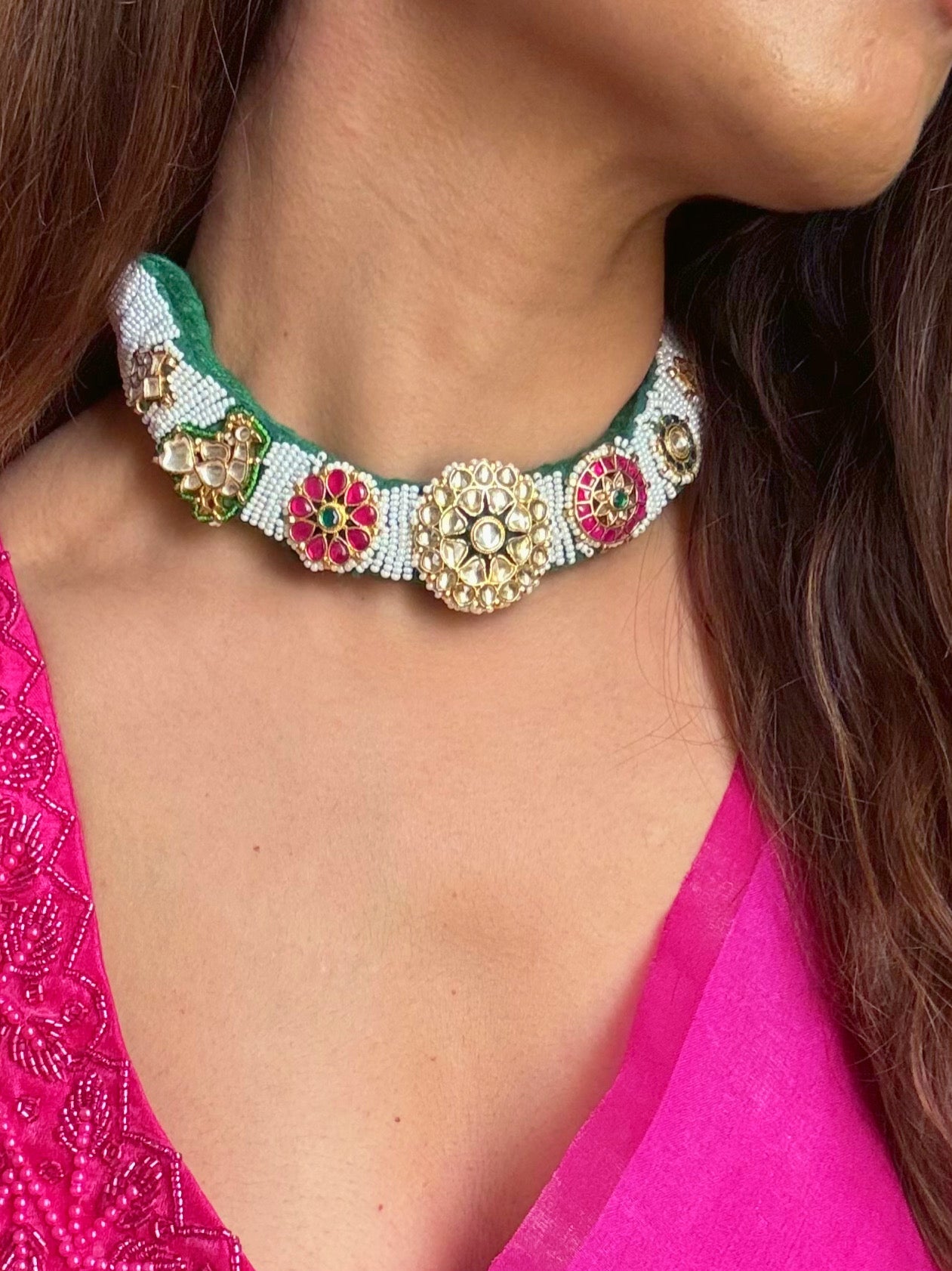 Buy green thread pearl choker online in India with kundan motifs. Shop from an exclusive range of CZ jewellery, gold plated, silver, mehendi polish earrings. -full view