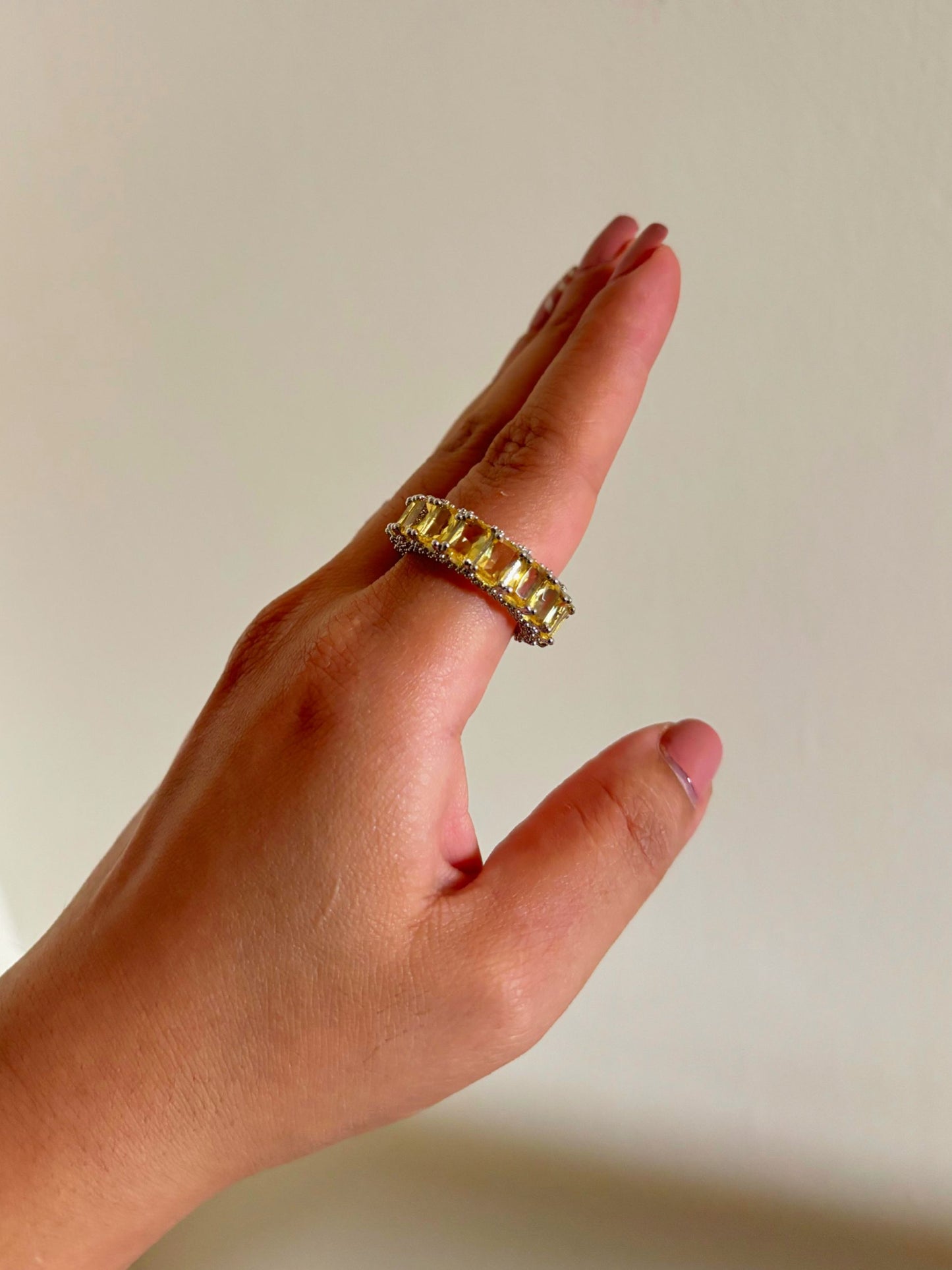 Shop Adjustable Yellow Baguette Stone Stack Ring online in India. Shop from an exclusive range of zircon jewellery, bridal wedding jewellery, silver plated earrings, rhodium plated rings, AD rings, AD earrings for office parties, cocktail dresses and sangeet night. -side