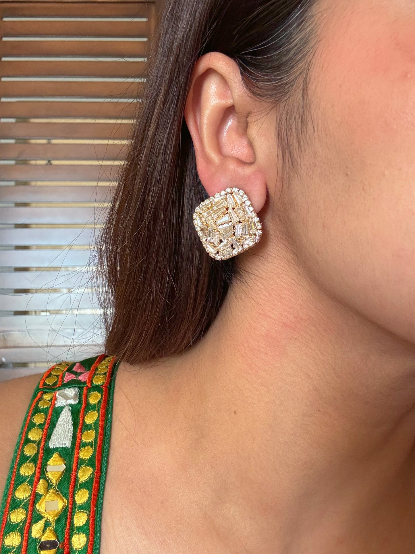 Shop gold plated AD studs online in India. Shop from an exclusive range of CZ jewellery, gold plated, silver, mehendi polish earrings. -full view