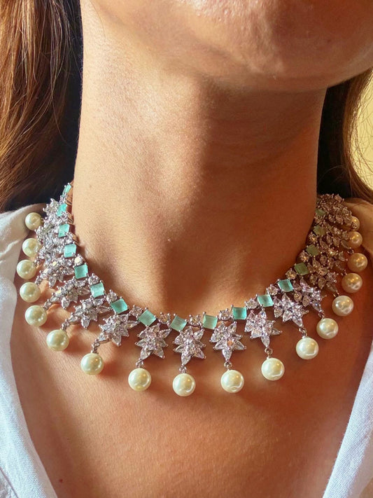 Shop Diamond Look AD Necklace in India. Explore elegant bridal AD jewellery online. Shop premium bridal jewellery sets in Zircon, AD, Kundan, Victorian Diamond. Collection best suited for Indian weddings, parties and special occasions. Choose Diamond AD strings for sarees, lehengas and coats. -Front 