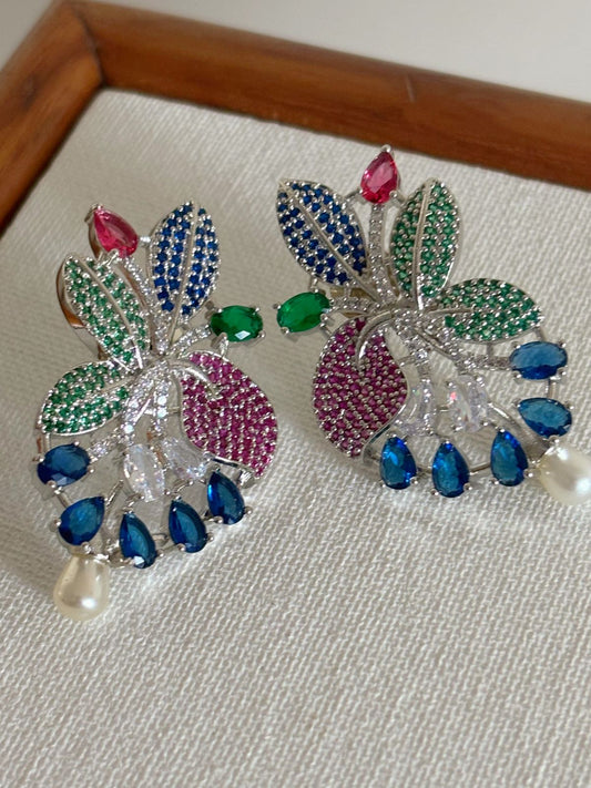 Shop women's stylish multi-colored stones AD earrings online in India. Shop from an exclusive range of zircon jewellery, bridal wedding jewelry, silver plated earrings, rhodium plated jewellery, AD earrings, AD necklace sets for weddings, engagement, receptions and office events. -Front