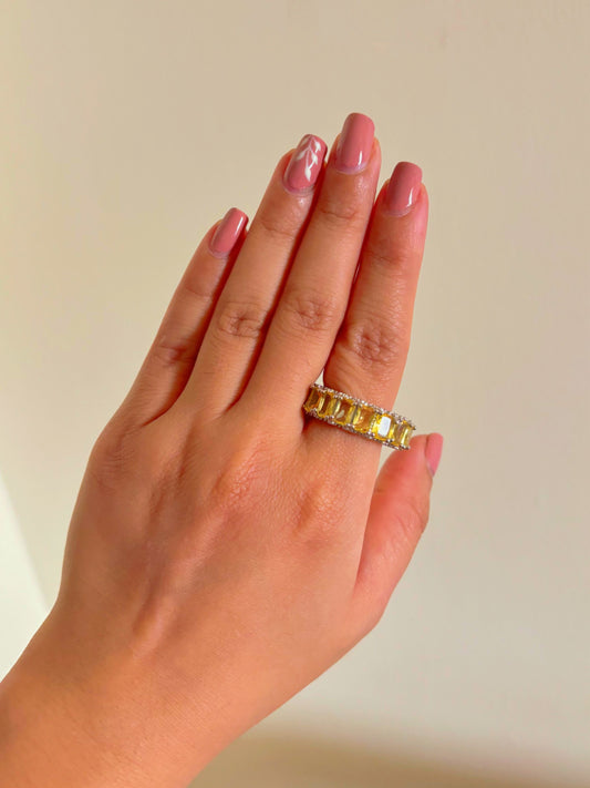 Shop Adjustable Yellow Baguette Stone Stack Ring online in India. Shop from an exclusive range of zircon jewellery, bridal wedding jewellery, silver plated earrings, rhodium plated rings, AD rings, AD earrings for office parties, cocktail dresses and sangeet night. -front