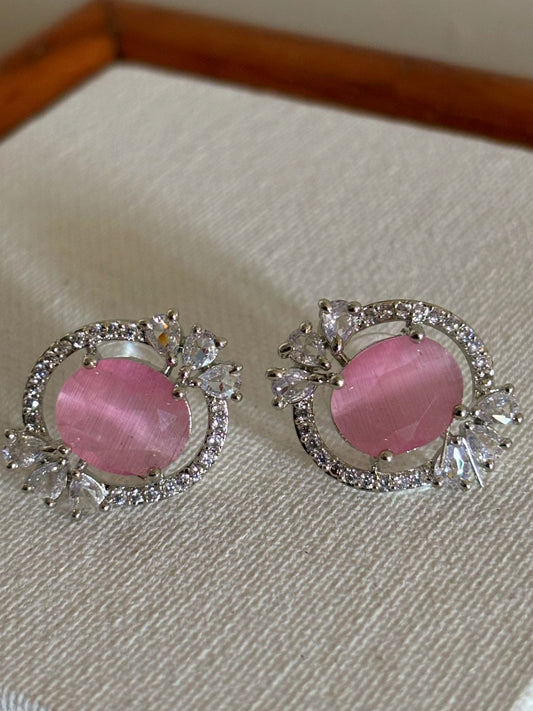Shop Celebrity Studs In AD & Pink stone online. Shop from an exclusive range of zircon earrings, bridal AD jewelry, silver plated earrings, rhodium plated jewellery, AD earrings, AD necklace sets for weddings, engagements and parties.  -front