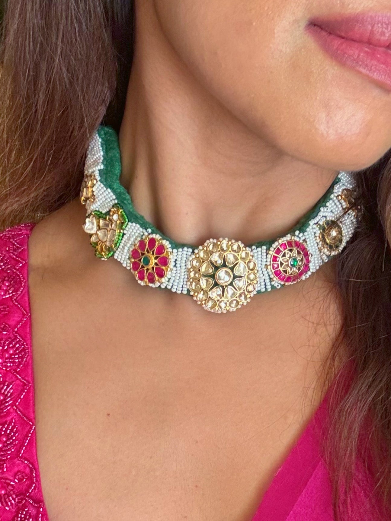 Buy green thread pearl choker online in India with kundan motifs. Shop from an exclusive range of CZ jewellery, gold plated, silver, mehendi polish earrings. -closeup