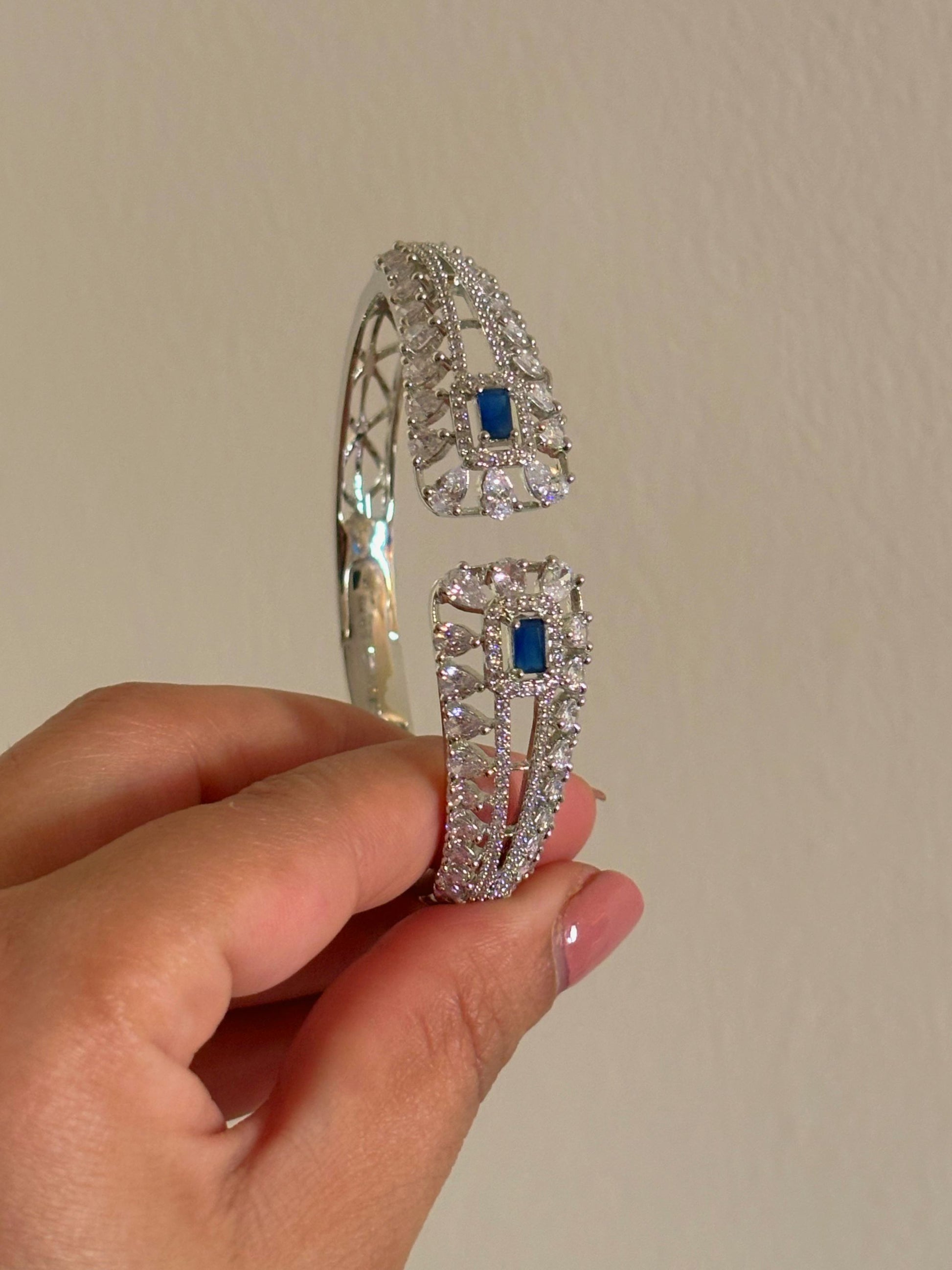 Shop Rihana Rhodium Plated Sleek AD Bracelet In Blue online in India. Shop from an exclusive range of zircon jewellery, bridal wedding jewellery, silver plated earrings, rhodium plated rings, AD rings, AD earrings for weddings, engagement, cocktail night & parties. -back