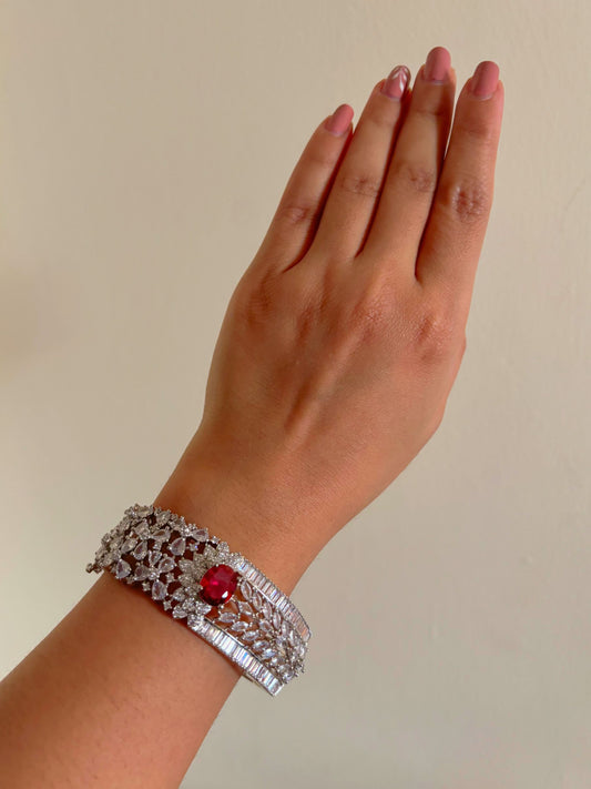 Shop Ruby Red Statement Bracelet in AD online in India. Shop from an exclusive range of zircon jewellery, bridal wedding jewellery, silver plated earrings, rhodium plated rings, AD rings, AD earrings for weddings, engagement, cocktail night & parties. -front