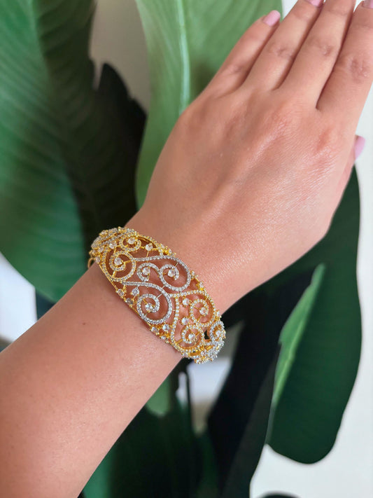 Buy Malini Heavy AD Bracelet In Gold & Silver Polish online in India. Shop from an exclusive range of zircon jewellery, bridal wedding jewellery, AD rings & bracelets.  -first