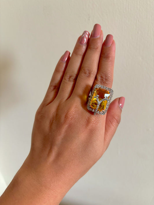Shop Golden Yellow Doublet Stone AD Ring online in India. Shop from an exclusive range of zircon jewellery, bridal wedding jewellery, silver plated earrings, rhodium plated rings, AD rings, AD earrings for office parties, cocktail dresses and sangeet night. -first