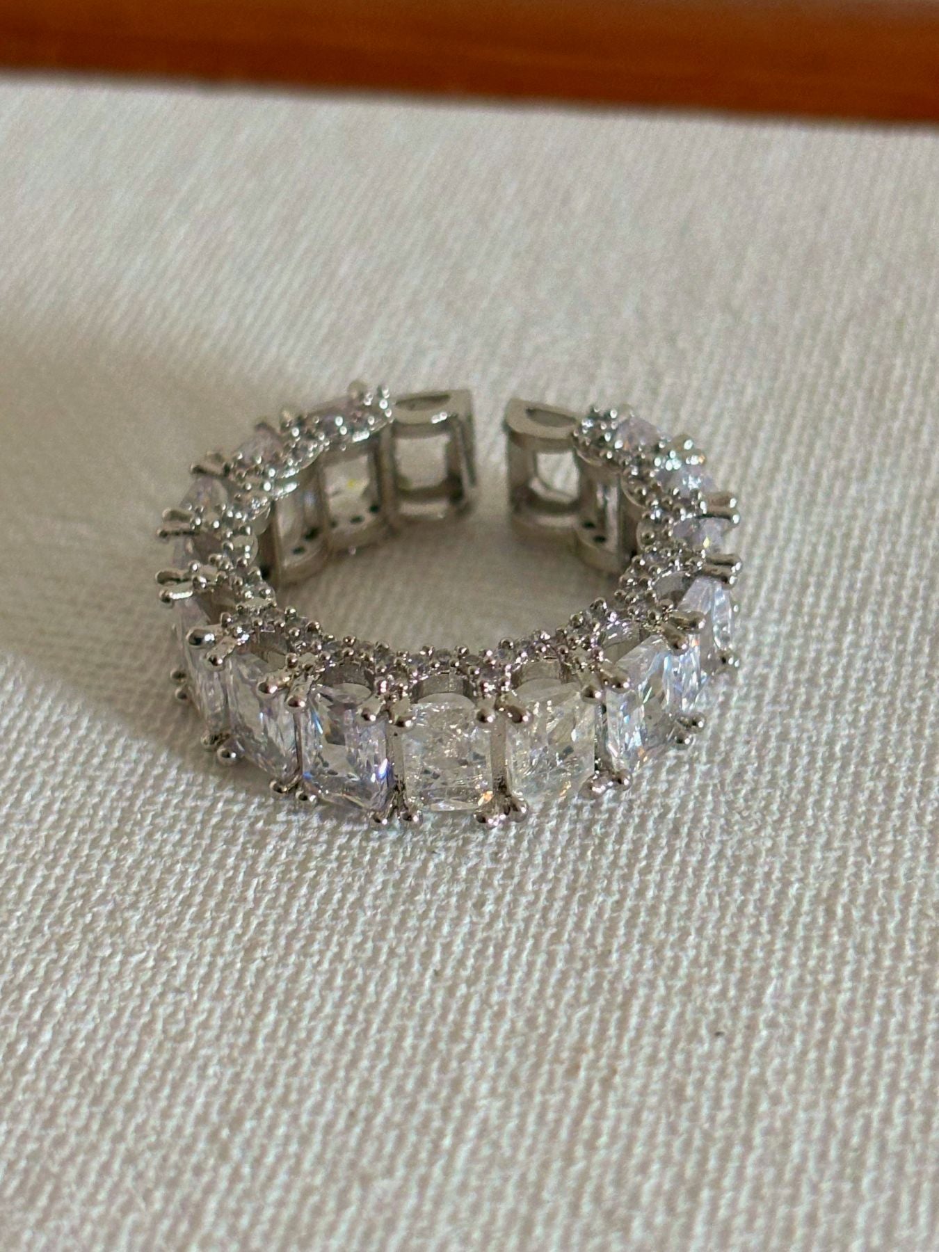 Shop Adjustable White Baguette Stone Stack Ring online in India. Shop from an exclusive range of zircon jewellery, bridal wedding jewellery, silver plated earrings, rhodium plated rings, AD rings, AD earrings for office parties, cocktail dresses and sangeet night. -flat