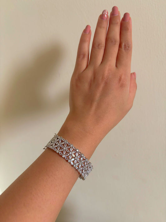 Shop Rhodium Plated Statement AD Bracelet In White online in India. Shop from an exclusive range of zircon jewellery, bridal wedding jewellery, silver plated earrings, rhodium plated rings, AD rings, AD earrings for weddings, engagement, cocktail night & parties.-first
