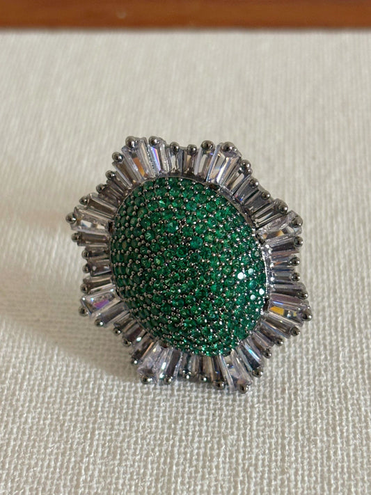 Shop Nano Setting Green Stone Cocktail AD Ring online in India. Shop from an exclusive range of zircon jewellery, bridal wedding jewellery, silver plated earrings, rhodium plated rings, AD rings, AD earrings for office parties, cocktail dresses and sangeet night. -Full