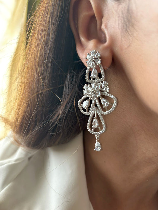 Shop women's Flower Shaped Long AD Earrings In White  online in India. Shop from an exclusive range of zircon jewellery, Indian wedding jewelry, gold plated earrings, rhodium plated jewellery, AD earrings, AD necklace sets for weddings, engagements and parties.  -front