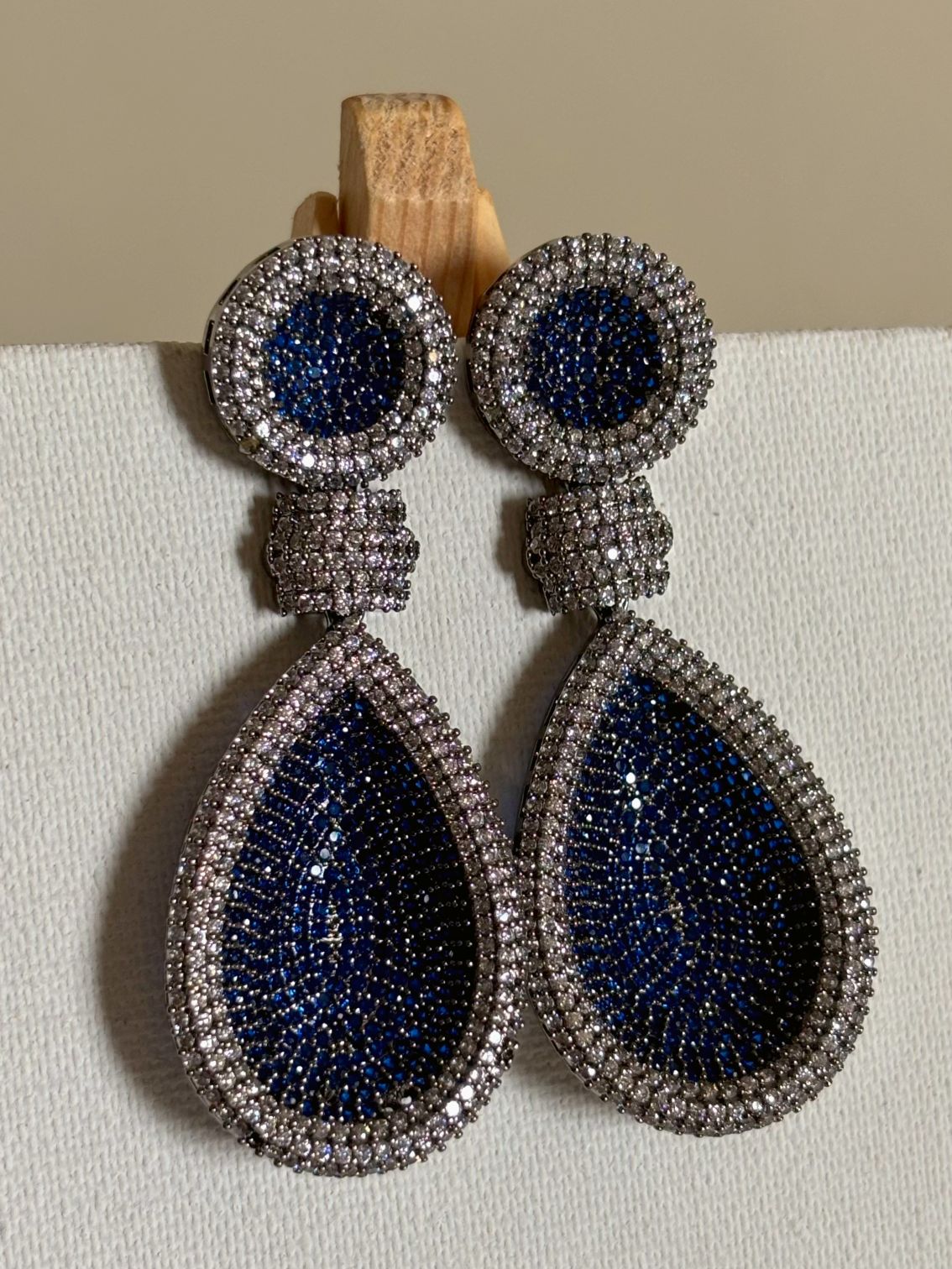Shop Senorita Long Danglers in Blue Nano AD online in India. Shop bridal wedding jewelry, AD earrings, AD earrings sets for cocktail dresses and sangeet night. -second