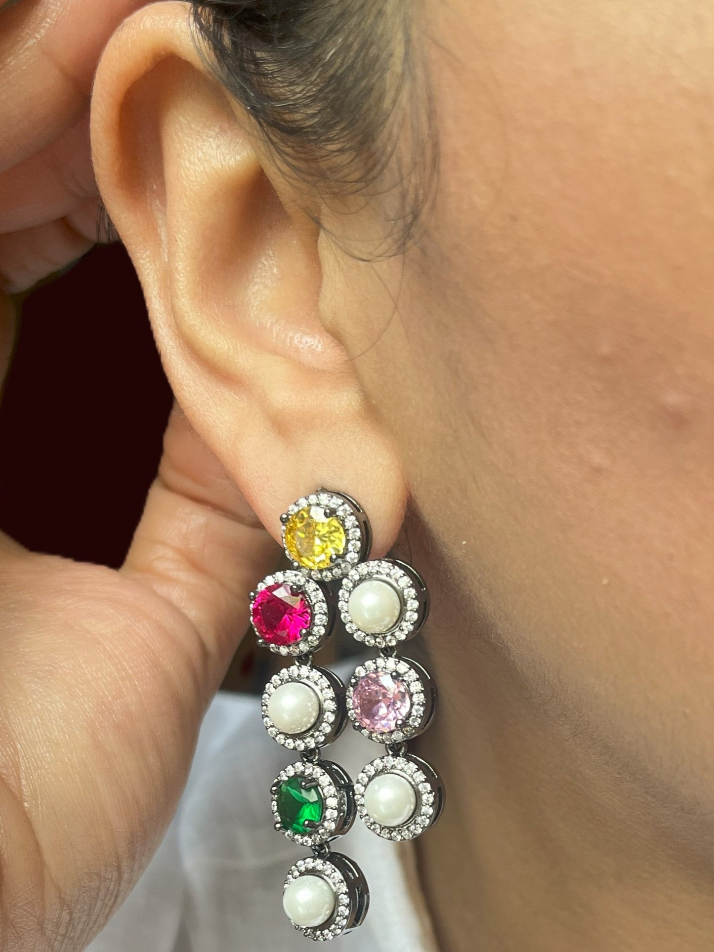 Shop Multicolored Premium Dangler Earrings In AD online in India. Shop AD earrings, bridal AD jewelry, AD necklace sets for weddings, engagements and parties. -side