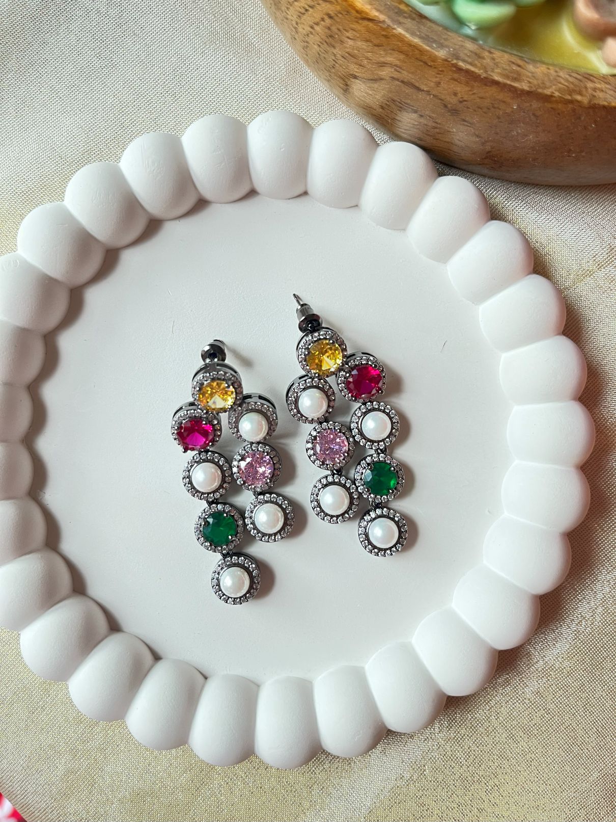 Shop Multicolored Premium Dangler Earrings In AD online in India. Shop AD earrings, bridal AD jewelry, AD necklace sets for weddings, engagements and parties. -front