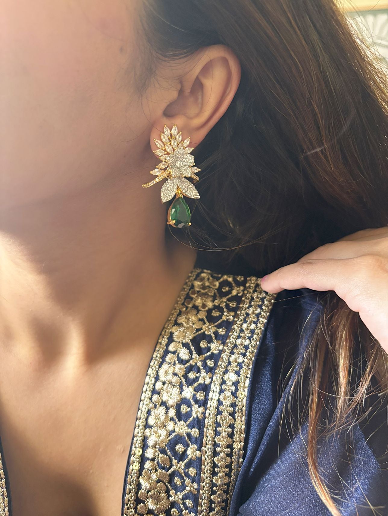 Shop Amaya Floral Earrings Gold Polish In AD online in India. Shop AD earrings, bridal AD jewelry, AD necklace sets for weddings, engagements and parties. -second