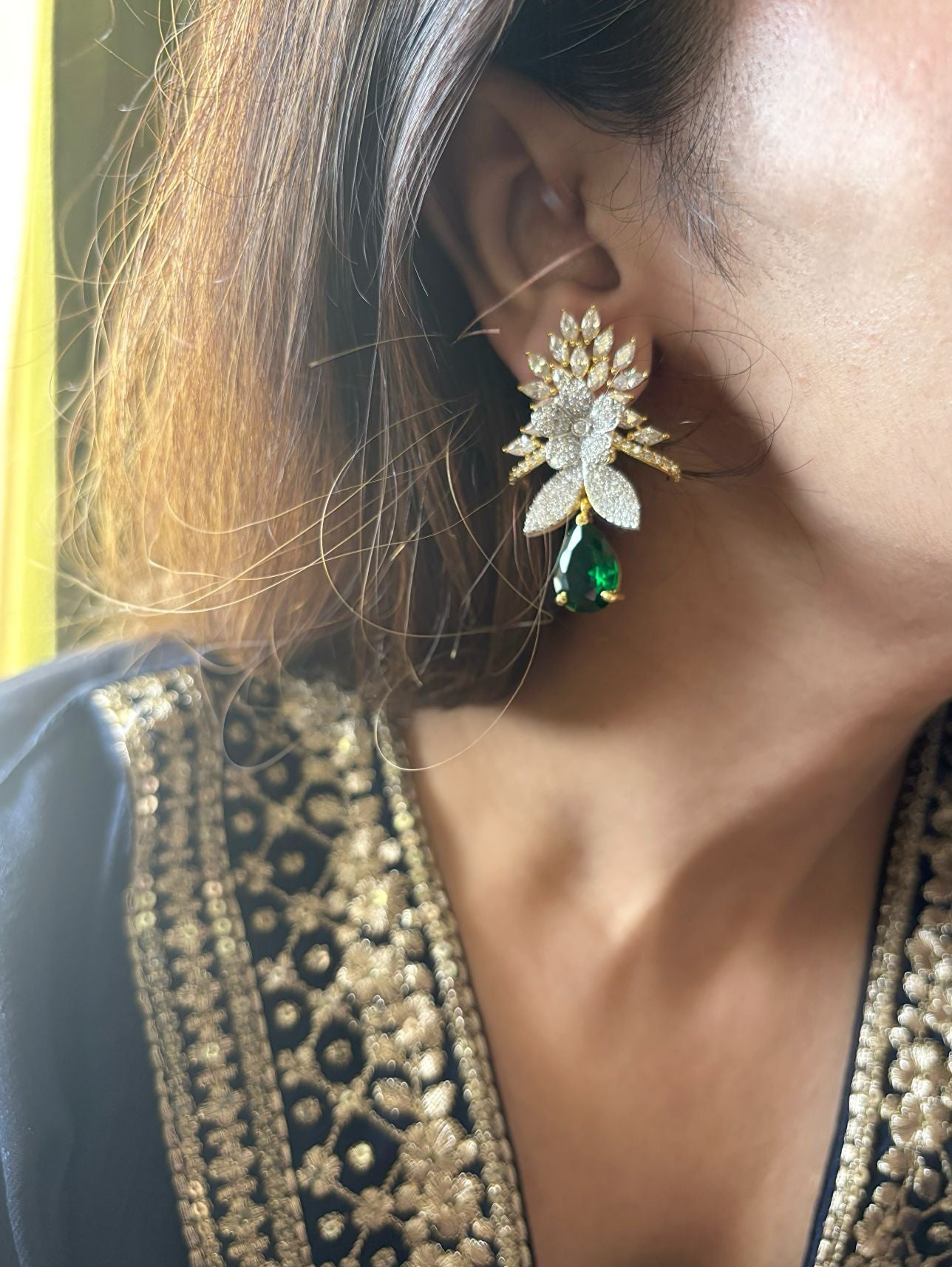 Shop Amaya Floral Earrings Gold Polish In AD online in India. Shop AD earrings, bridal AD jewelry, AD necklace sets for weddings, engagements and parties. -front