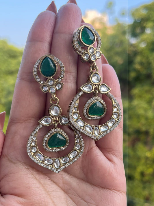 Shop Padma Long Kundan Earrings In Green online in India. Shop from an exclusive range of CZ jewellery, gold plated, silver, mehendi polish earrings.-front