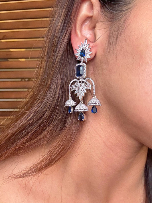 Shop Crystal Glow Heavy Chandelier AD Earrings In Blue Stone online in India. Shop from an exclusive range of CZ jewellery, gold plated, silver, mehendi polish earrings. -first