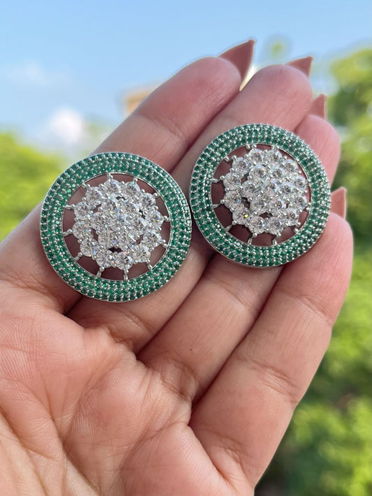 ER25A114 Meera CZ Stones Big Stud Earrings In Green