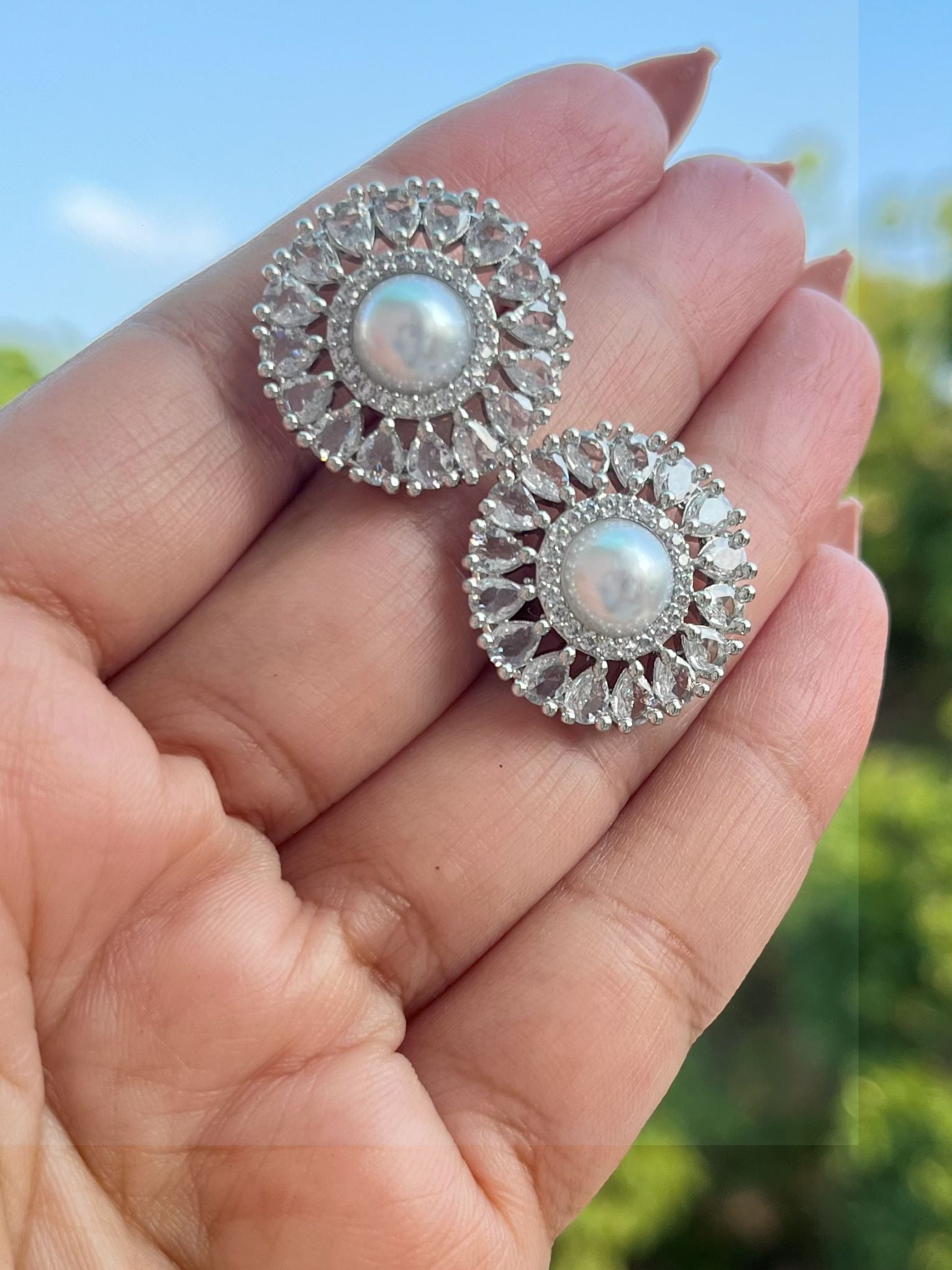 Shop Hania Premium Pearl Stud Earrings In AD online in India. Shop AD earrings, bridal AD jewelry, AD necklace sets for weddings, engagements and parties.  